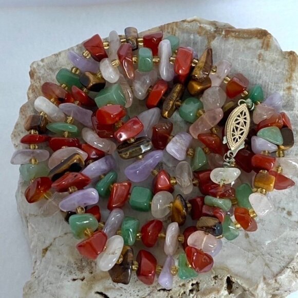 VTG Multi Gemstone Beaded 29" Necklace 14K Gold Filled Filigree Fish Hook Clasp - Picture 14 of 16